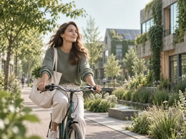 Vrouw fietst door een groene duurzame woonomgeving met herbruikbare tas.
