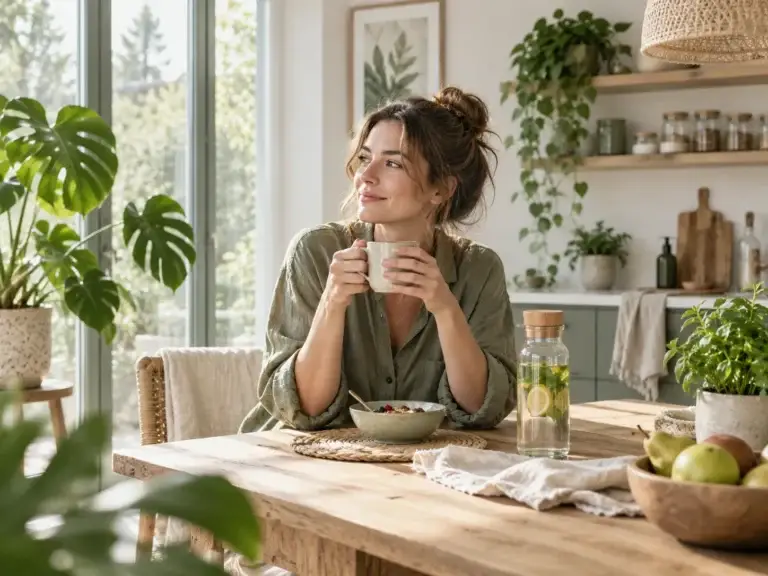 Vrouw geniet thuis van een rustig moment in een duurzaam interieur met natuurlijke materialen.