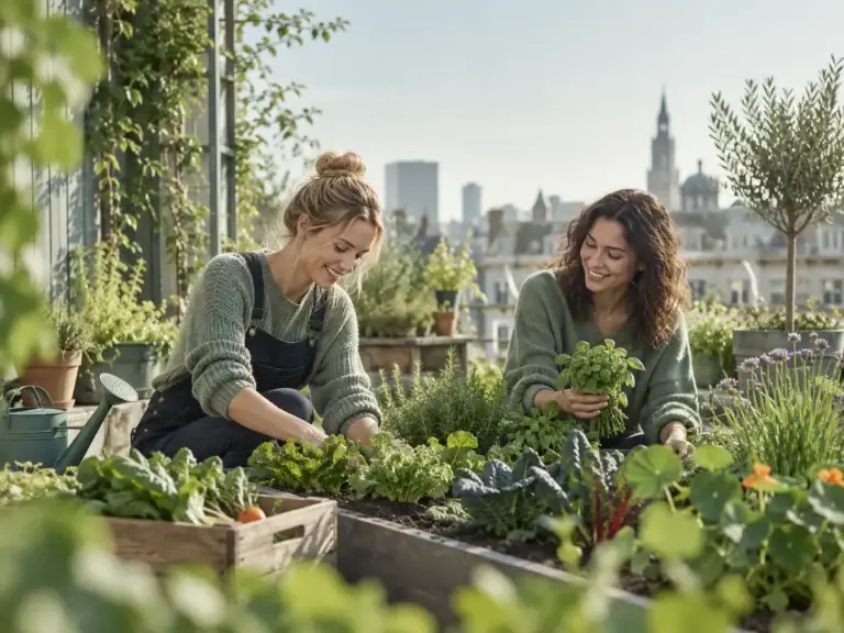 Twee vrouwen verzorgen groenten en kruiden in een duurzame stadstuin.