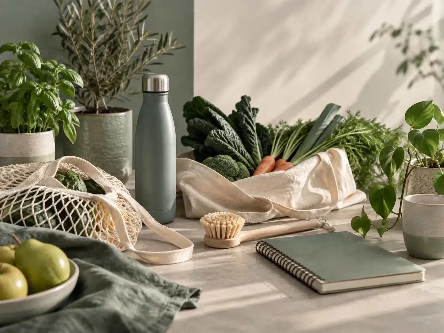 Herbruikbare producten, verse groenten en natuurlijke materialen voor een bewuste lifestyle.