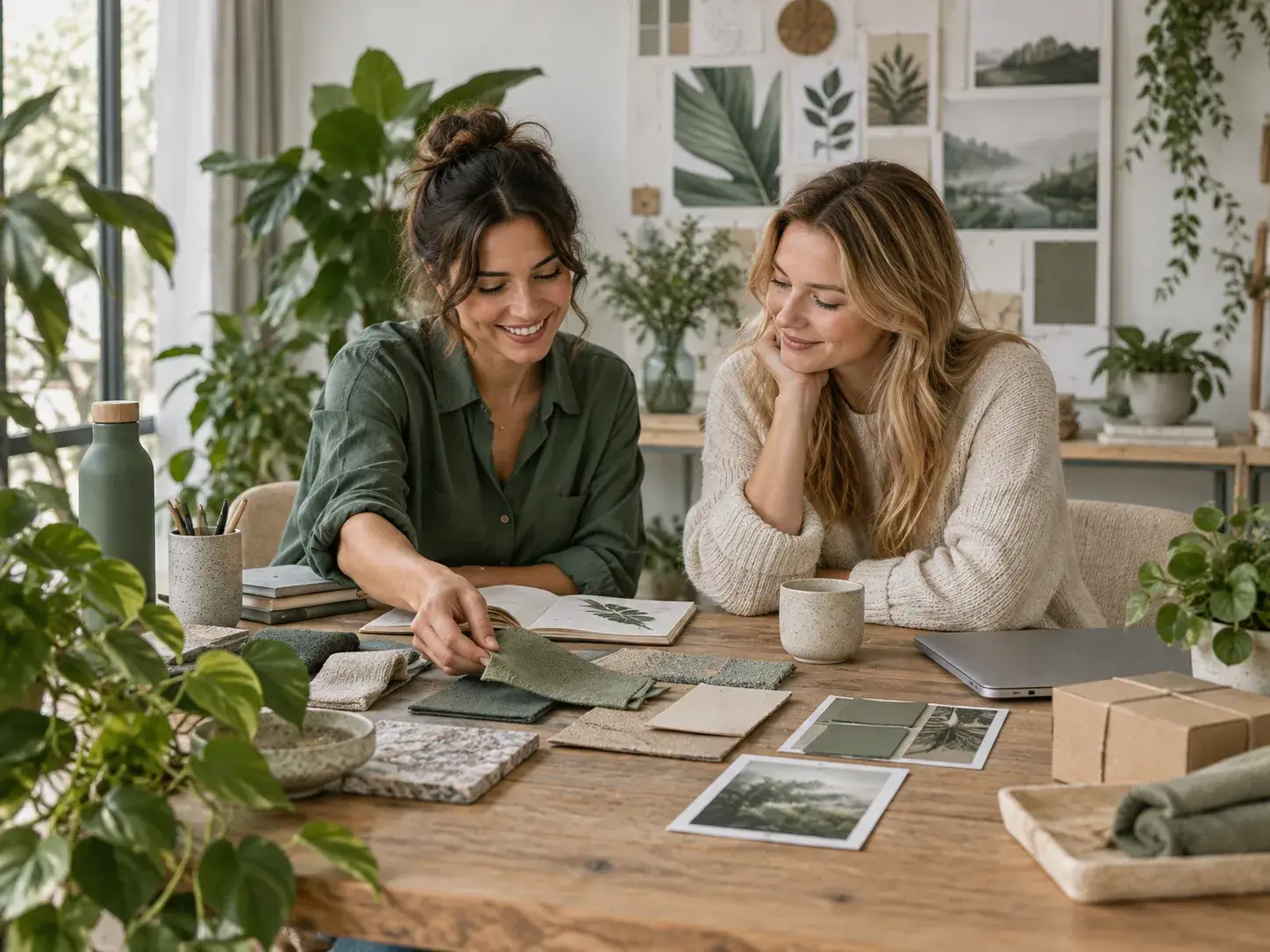 Partners van Vrouwenmilieu werken samen aan duurzame ideeën in een groene en bewuste studio-omgeving.